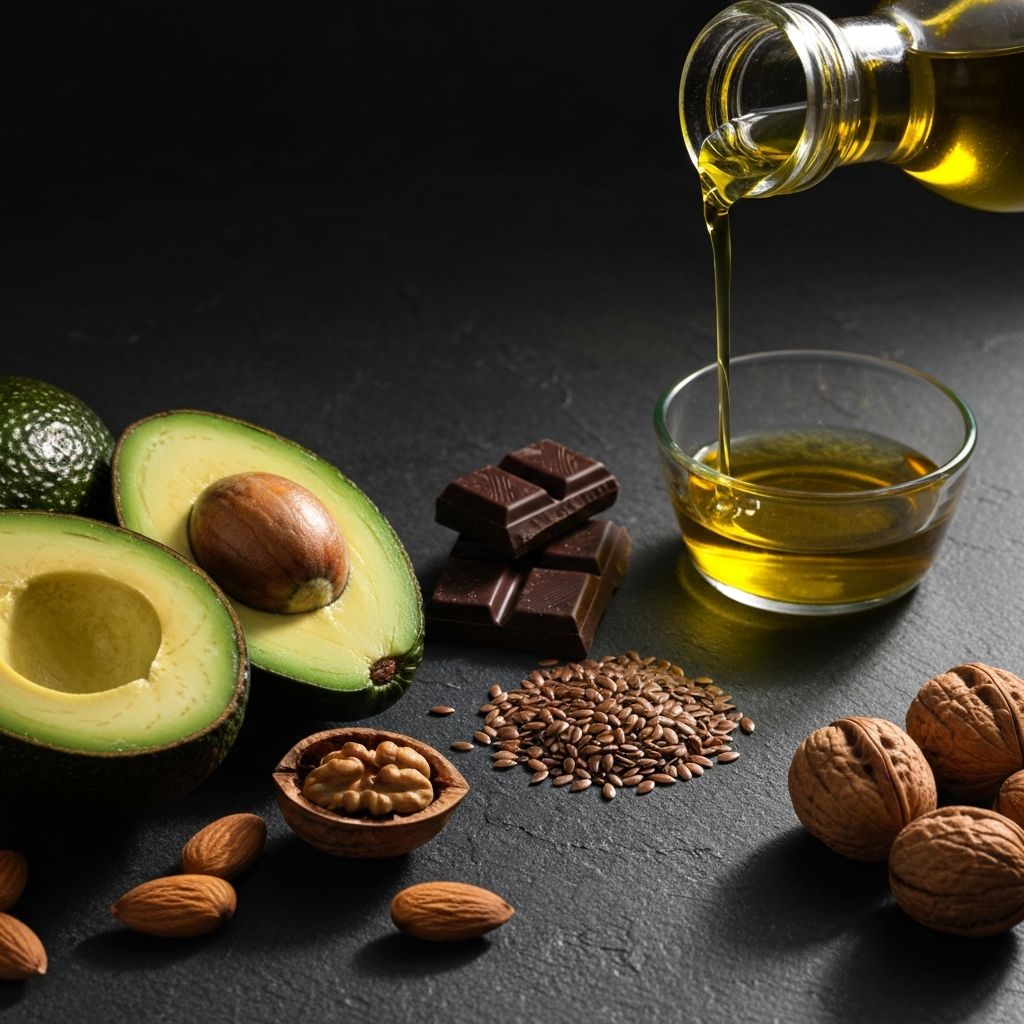 Healthy fat food sources including avocados, walnuts, olive oil and seeds