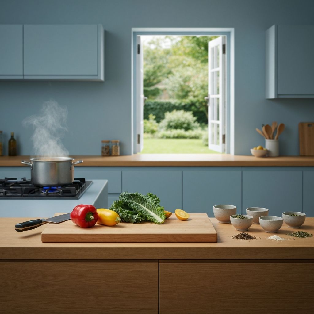 Clean kitchen environment with fresh vegetables being prepared on a wooden cutting board